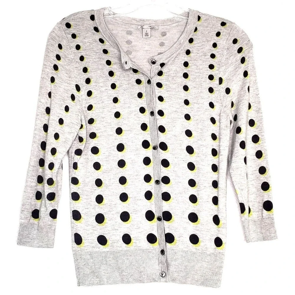 Halogen Cardigan Sweater‎ Womens Small Gray Black Yellow Polka Dot 3/4 Sleeve